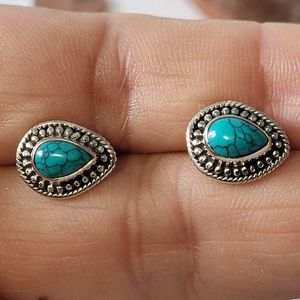 Turquoise Rain Drop Stud Earrings. 925